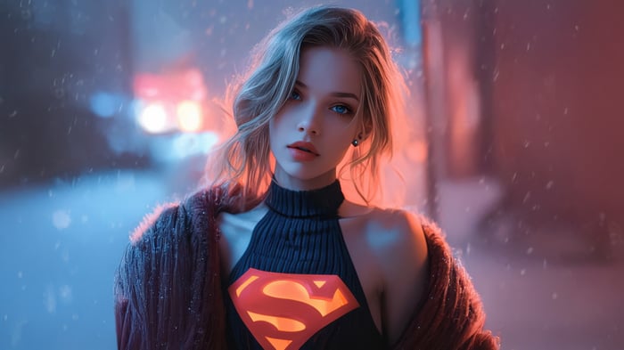 Supergirl in a dark, snowy city at night