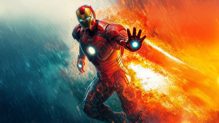 Iron Man in Action with Fire and Water Effects