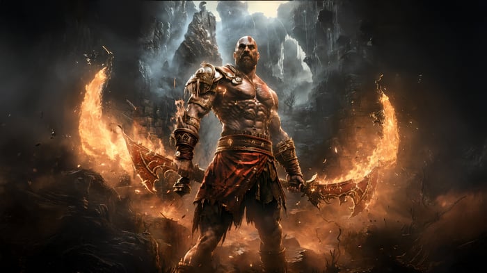 Kratos with Blades of Chaos in a fiery landscape