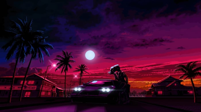 Lovers in a retro car at sunset