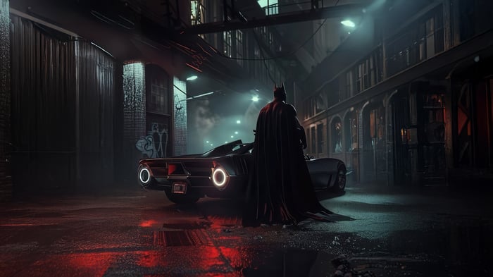 The Batman and his car in a dark alley