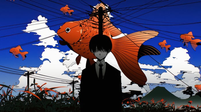 Anime boy with giant goldfish and power lines