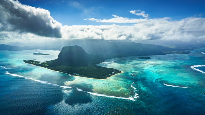 Aerial view of Le Morne Brabant mountain and turquoise waters