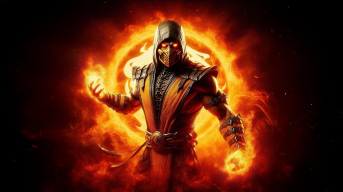 Scorpion from Mortal Kombat surrounded by fire