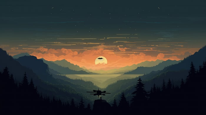 Minimalist landscape with mountains and sunset