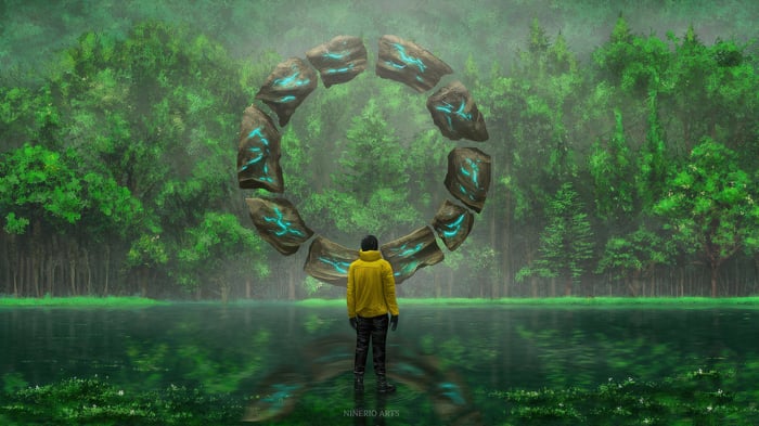 Man in Yellow Jacket at a Forest Gate