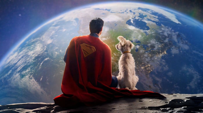 Superman and Krypto on the Moon overlooking Earth