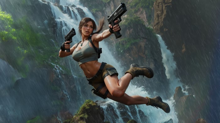 Lara Croft in a waterfall jungle