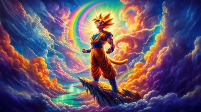 Goku in Super Saiyan form amidst colorful clouds and a rainbow