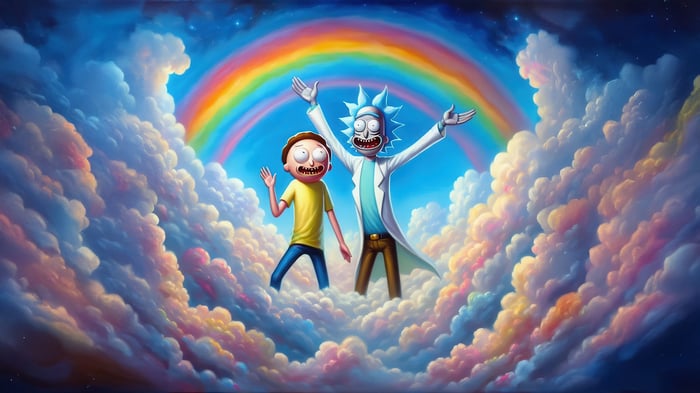 Rick and Morty in the Clouds with a Rainbow