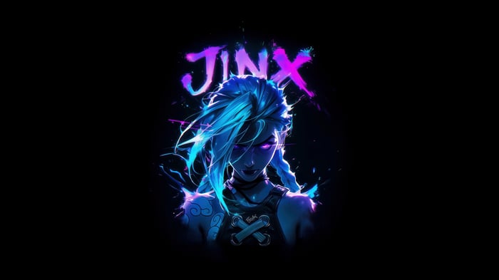 Jinx with glowing purple eyes and blue hair
