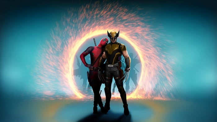 Deadpool and Wolverine embrace in front of a portal