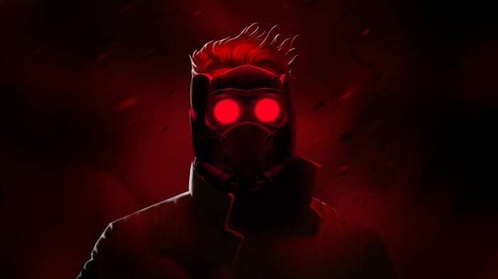 Star Lord with red glowing eyes and mask