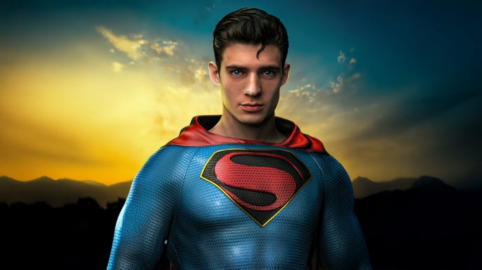 Superman in a blue suit with red cape