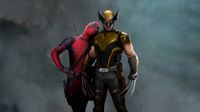 Deadpool and Wolverine in a close embrace