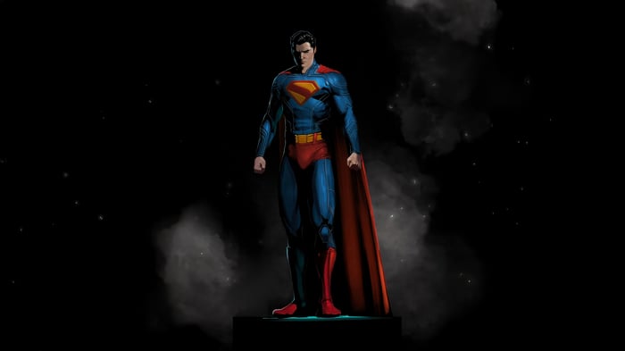 Superman standing against a dark background with smoke