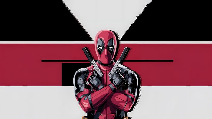 Deadpool holding two guns with a red and black background