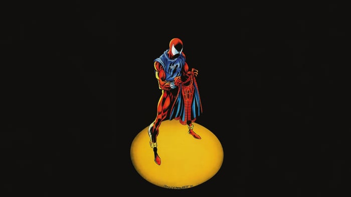 Scarlet Spider holding his costume