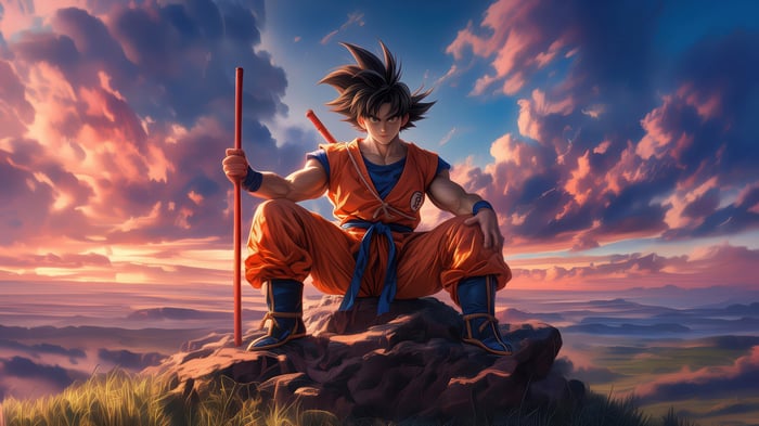 Goku sitting on a rock with his staff