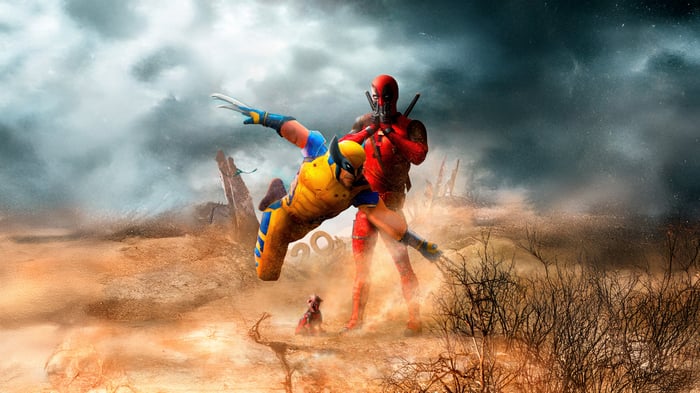 Deadpool and Wolverine in a desolate landscape