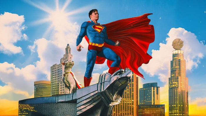 Superman and Krypto on a rooftop overlooking a city