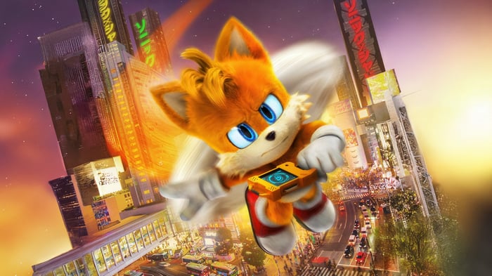 Tails flying in a futuristic city