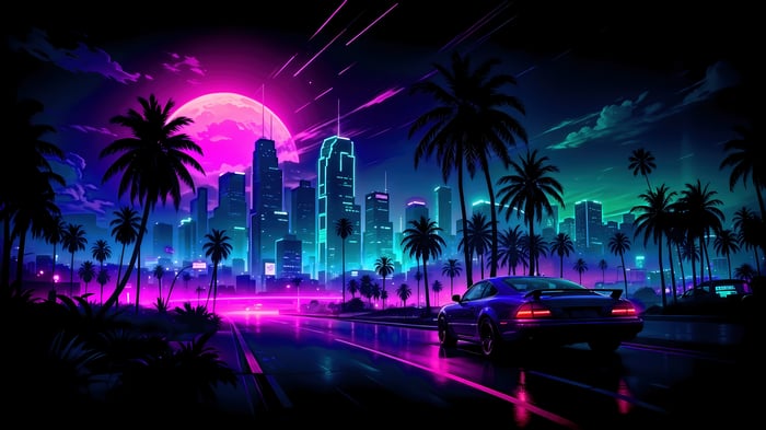 Neon City Midnight Drive with Palm Trees
