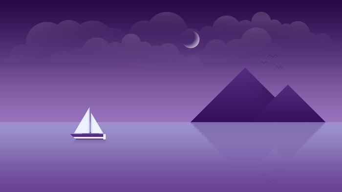 Minimalist purple lake with mountains and sailboat