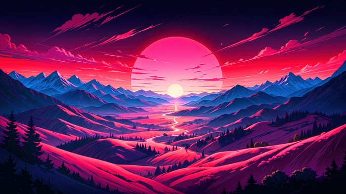 Retro Mountain Landscape with Sunset
