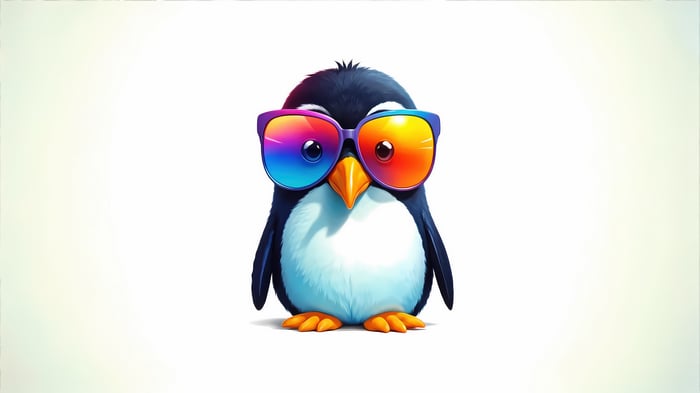 A cartoon penguin wearing rainbow sunglasses