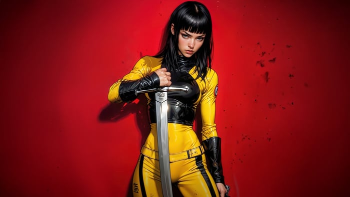Woman in yellow and black suit holding a sword