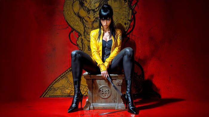 Woman in yellow jacket on a throne with dragon art