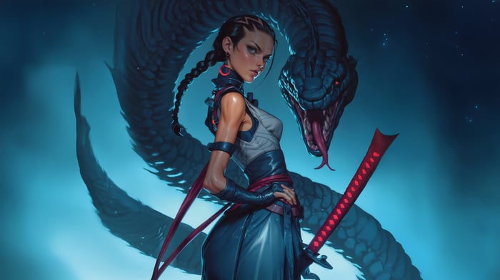 Serpent Slayer Warrior with Katana and Snake