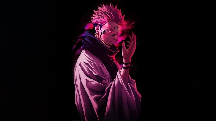 Ryomen Sukuna with glowing eyes and markings