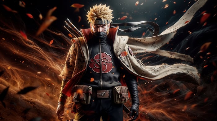 Naruto Uzumaki in Akatsuki cloak with swords