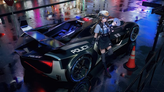 Anime Police Girl with Futuristic Car in Tokyo