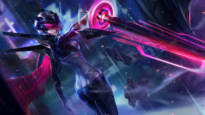 Cyberpunk woman with glowing sword in futuristic city