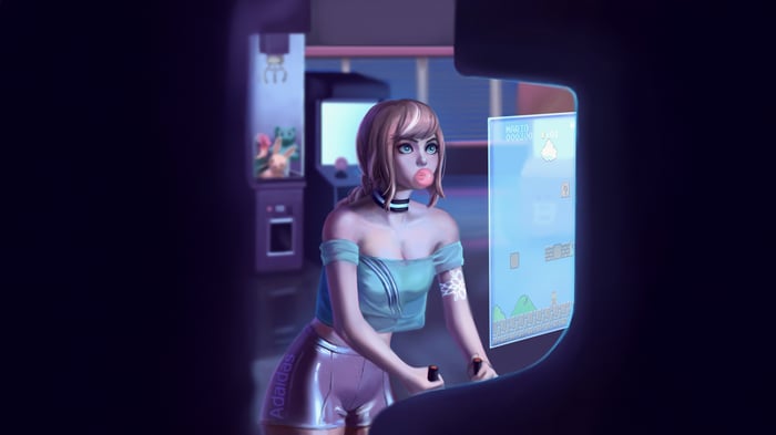 Girl playing Super Mario Bros. on an arcade machine