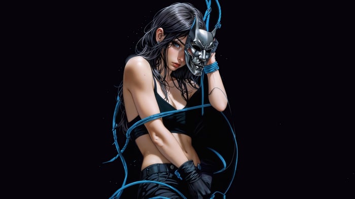Woman in black holding a silver mask