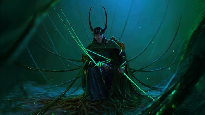 Loki sitting in a throne surrounded by green vines
