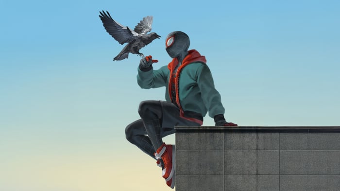 Miles Morales with a bird on a rooftop