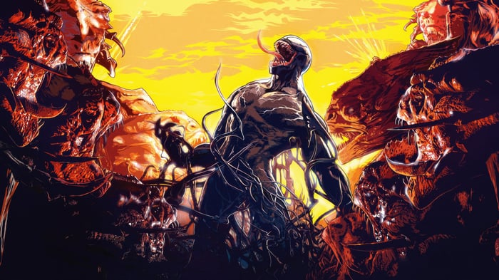 Venom surrounded by monstrous creatures in a desolate landscape