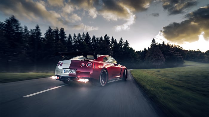 Nissan GTR with flames coming out of exhaust