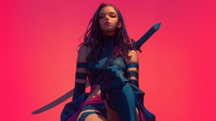 Psylocke with a sword against a pink background