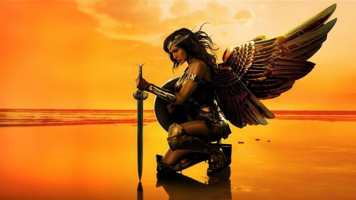 Wonder Woman with Sword and Shield at Sunset