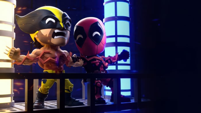 Deadpool and Wolverine figures on a platform