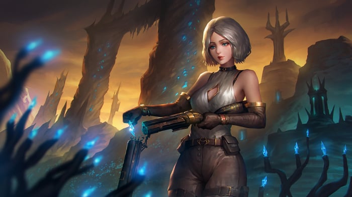 Crystal Vanguard Woman with Gun in Fantasy Landscape