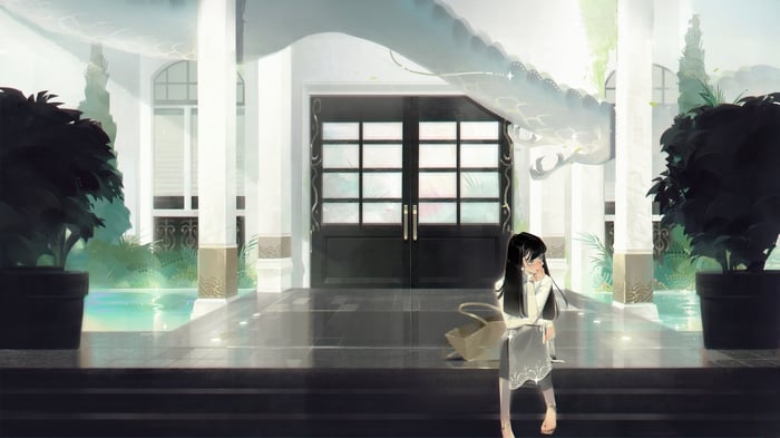 Anime girl sitting by a pool with a dragon
