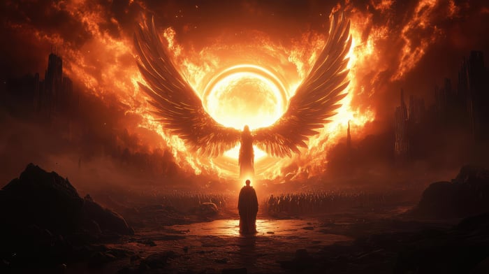 The Rise of the Archangel in a Fiery Sky