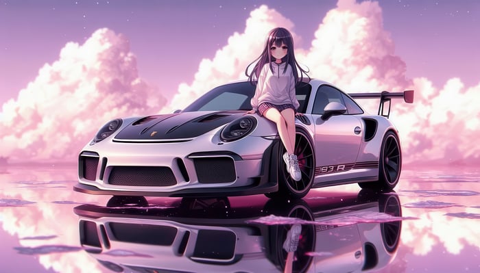 Anime girl sitting on a Porsche 911 GT3 RS